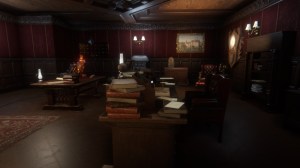 An old maroon and brown study with books covering every surface in a video game environment.