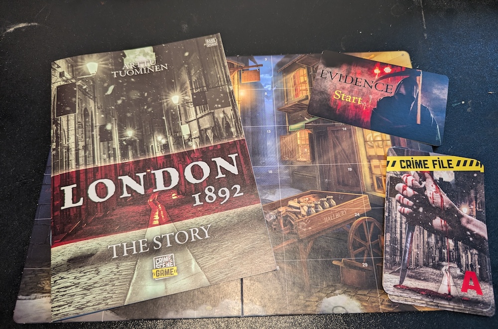 London 1892 setup with a storybook, a crime scene image, crime file cards, and an Evidence Start card.
