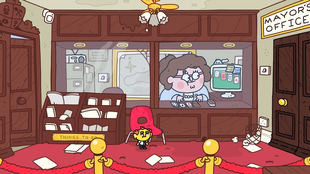 Game with a cartoon art style depicting a receptionist playing solitaire outside of the Mayor's Office in Thank Goodness You're Here!