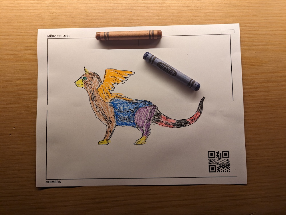 Drawing of a chimera colored in with crayon.