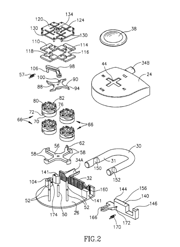 Directional Lock patent illustration, showing an exploded view of the direction mechanism, gear-pack, and lock body.