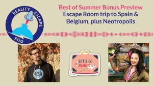 waveform with photo of man in black hooded sweatshirt with glasses and a goatee, asian woman in safari outfit with a pink flower in her hair and pink scarf, and a sticker of a suitcase