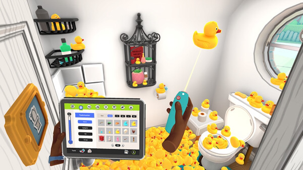 Perspective of a player completing a task involving a large number of rubber duckies.