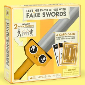 yellow game box with image of toy sword with a cartoon face on it