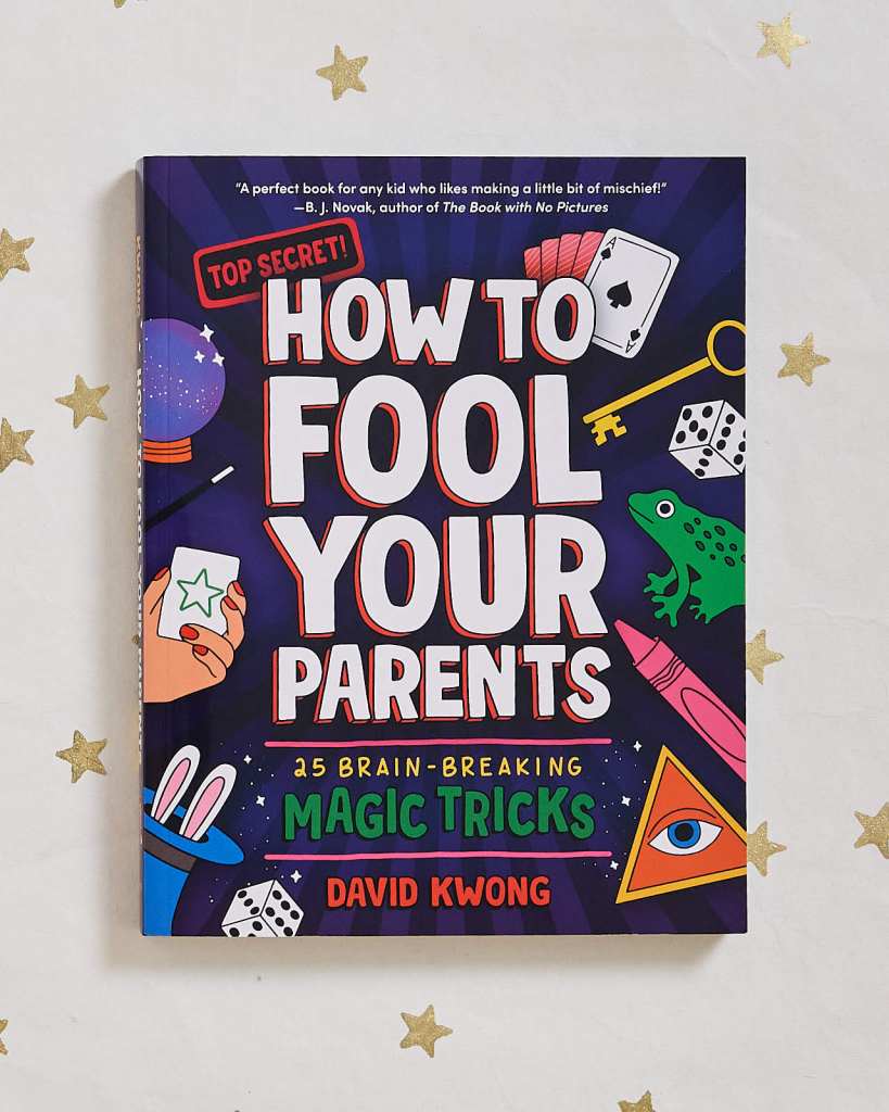 book cover for How to Fool Your Parents. Graphics of dice, cards, a key, crystal ball, magic wand, crayon and says "top secret" on top.