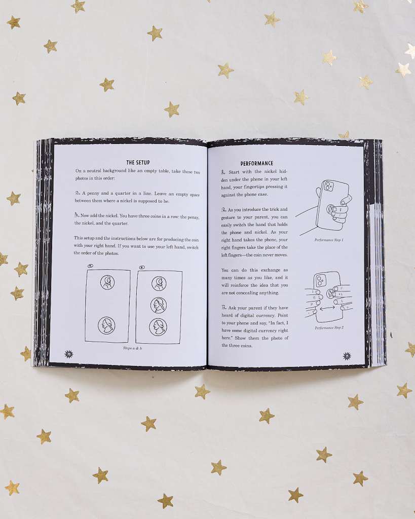 book open to a page with setup and performance instructions for a coin magic trick