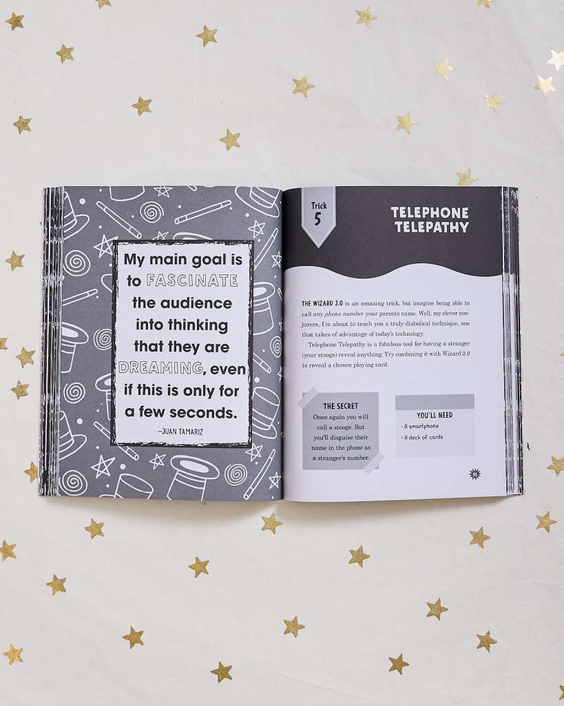 open book page with instructions on performing telephone telepathy magic trick