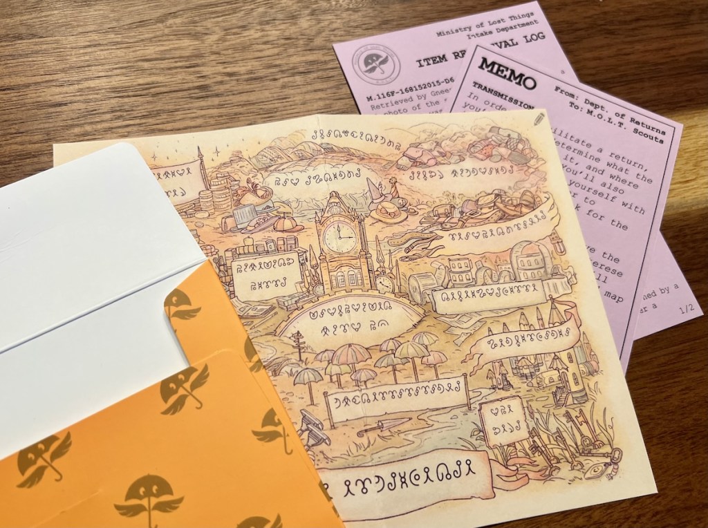 Envelope 1 contents includes a log document, a memo, a map with locations labeled in a strange language.