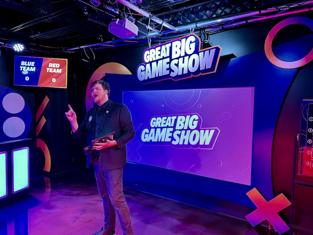 Host Kevin on stage at Great Big Game Show.