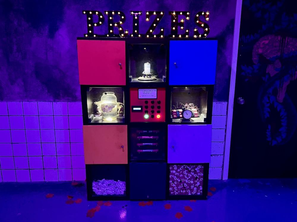 Prizes display filled with dangerous objects.