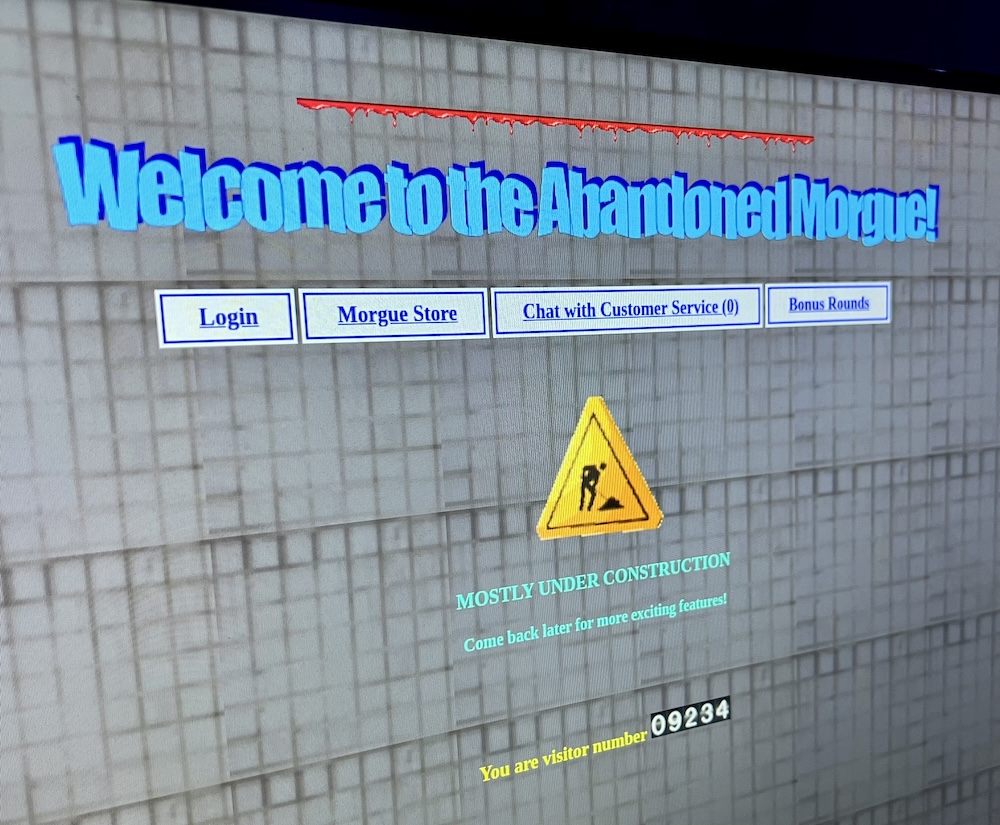"Welcome to the Abandoned Morgue!" webpage with a very 1990s design including a "Mostly under construction" sign.