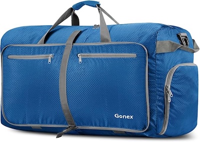A soft blue duffel bag