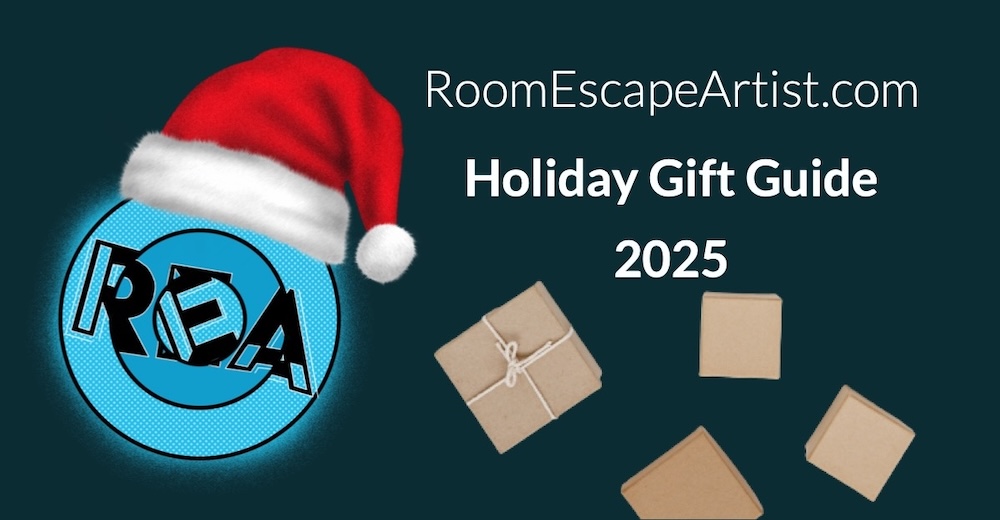 REA logo with a Santa hat atop. Text reads, "RoomEscapeArtist.com Holiday Gift Guide 2025"