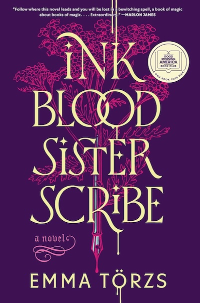 Purple cover of Ink Blood Sister Scribe with a plant turning into a bleeding fountain pen.
