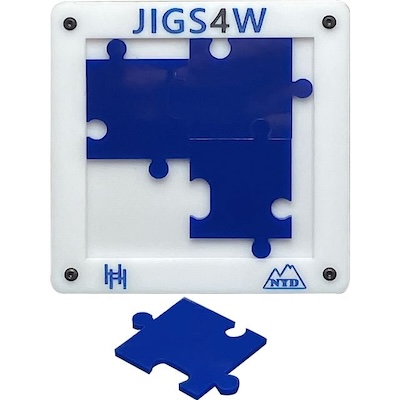 A white frame with 4 large, blue jigsaw puzzle pieces.