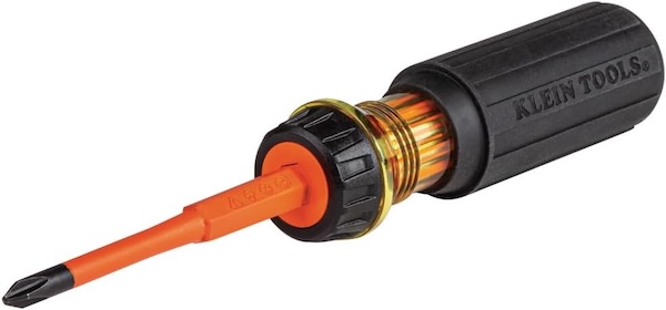 Black and orange insulated screwdriver. 