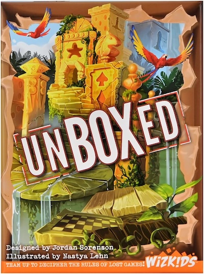 Unboxed game box, depicting a world made of tabletop game tropes.