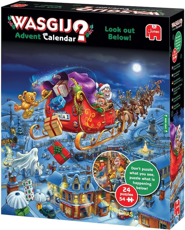 Jigsaw Puzzle Advent Calendar box with Santa flying in his sled over a wintery town. 