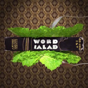 puzzle image from pilcrow bar puzzle hunt. book titled word salad, between two pieces of lettuce held between two spoons