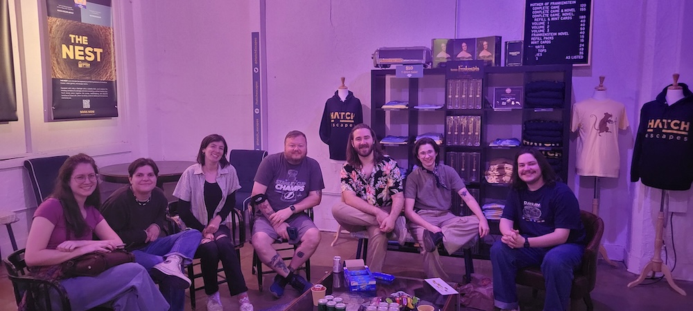 The first Play More Games cohort in the Hatch Escapes lobby.