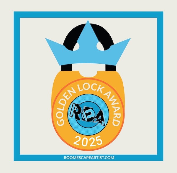 2025 Golden Lock Award by Room Escape Artist. Image depicts a golden lock with a blue crown. The REA logo is set in the center.