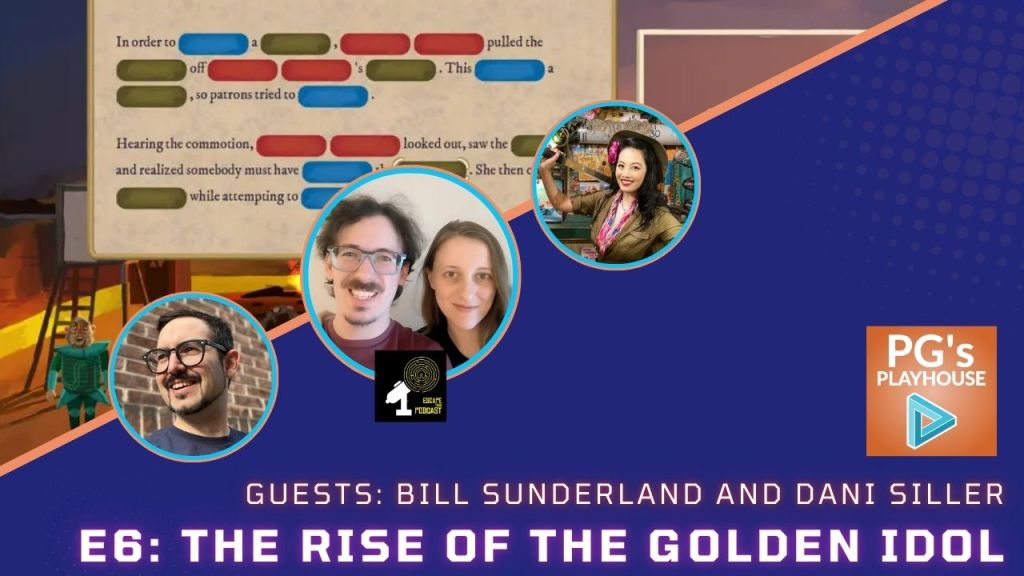 image from rise of the golden idol game, paragraph with colorful blanks. man in glasses and goatee, man with glasses and goatee, woman with light blonde brown hair, asian woman in safari outfit.