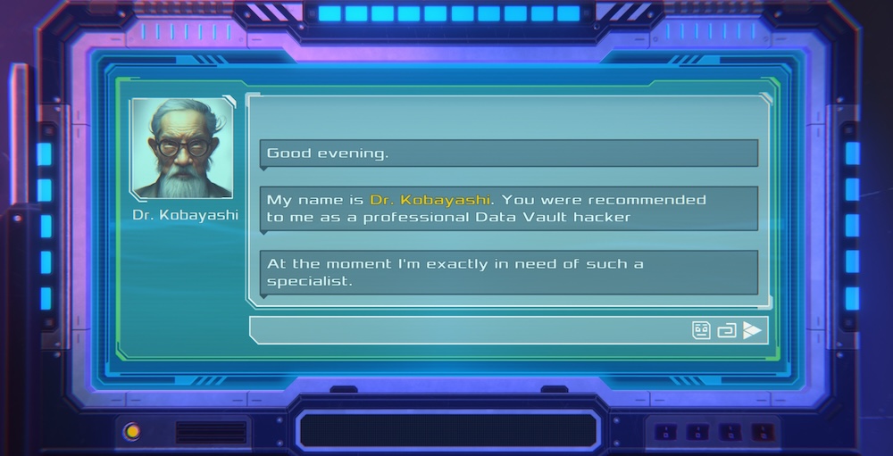 A chat interface with Dr Kobayashi asking to hire us to hack a "data vault."