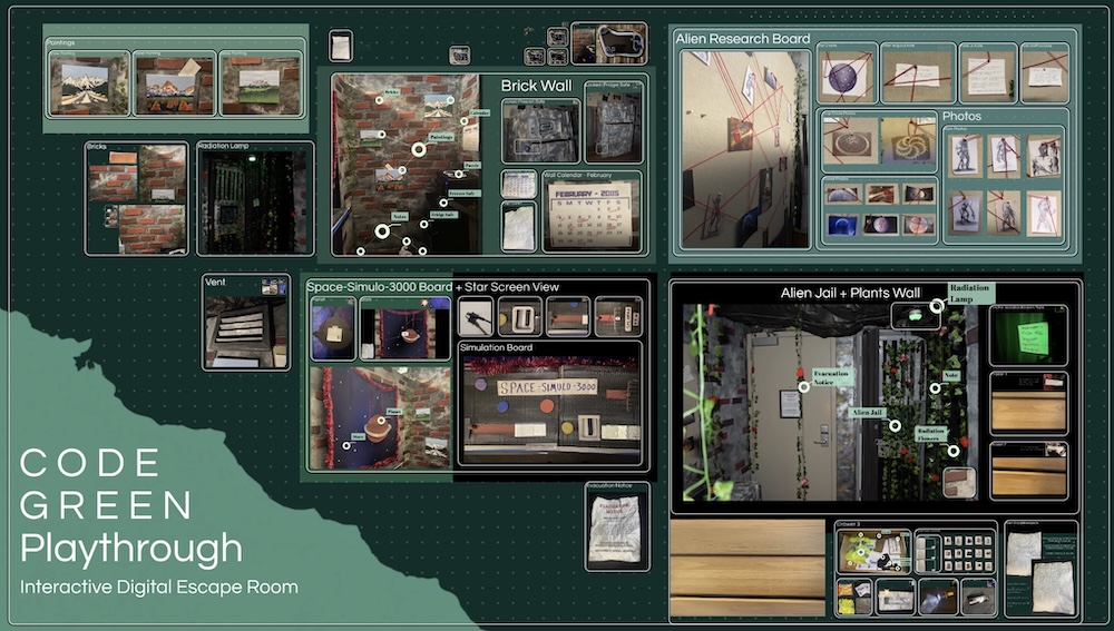 Code Green digital interface, showing an assortment of photos of an escape room space.
