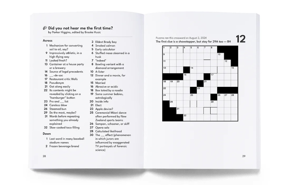 Image of a crossword puzzle and clues from Puzzmo Crosswords Vol 1.