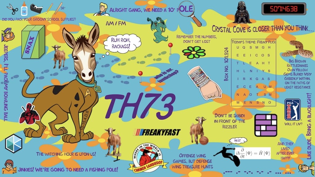 A puzzle page with a Scooby Doo, meets pop culture aesthetic. Star Wars, Marvel, and even professional golf are references in this page that looks like an assortment of puzzles.