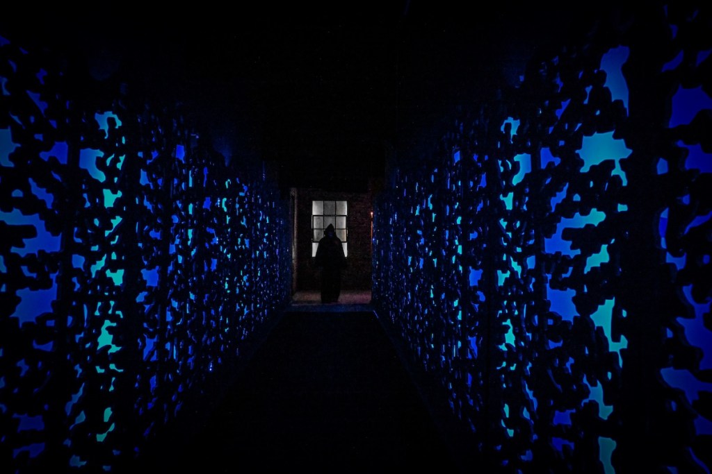 A cloaked person walking down a long dark, blue hallway.