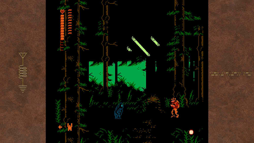 A screenshot of the main screen of the game Full Quiet. The main character is facing a skeletal enemy in the woods.
