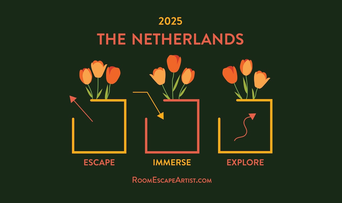 Room Escape Artist's Escape Immerse Explore The Netherlands 2025 logo in shades of orange and yellow with tulips growing out of it.