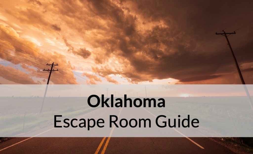 Reads: "Oklahoma Escape Room Guide" Depicts a long, cloudy highway flanked by power lines.