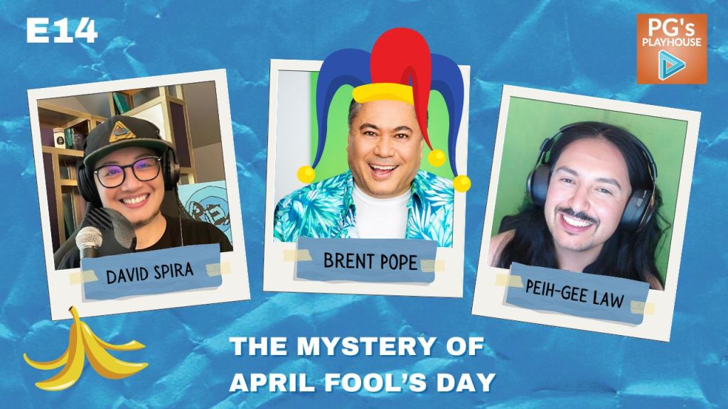 hero image for PG's Playhouse titled "The mystery of April Fool's Day" where the hosts, an asian woman, and a caucasian male with glasses and goatee have swapped faces. There is also a filipino man smiling, wearing a hawaiian shirt and a cartoon jesters hat.