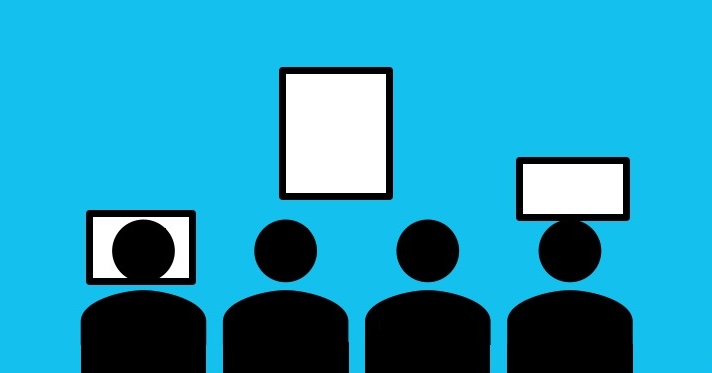 Illustration of 4 people, and 3 holes to view through.