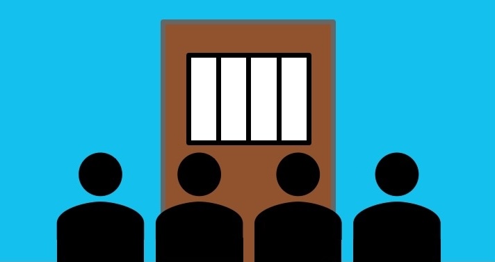 Illustration of 4 people in front of a door with a barred window that is not large enough for all of them to look through.