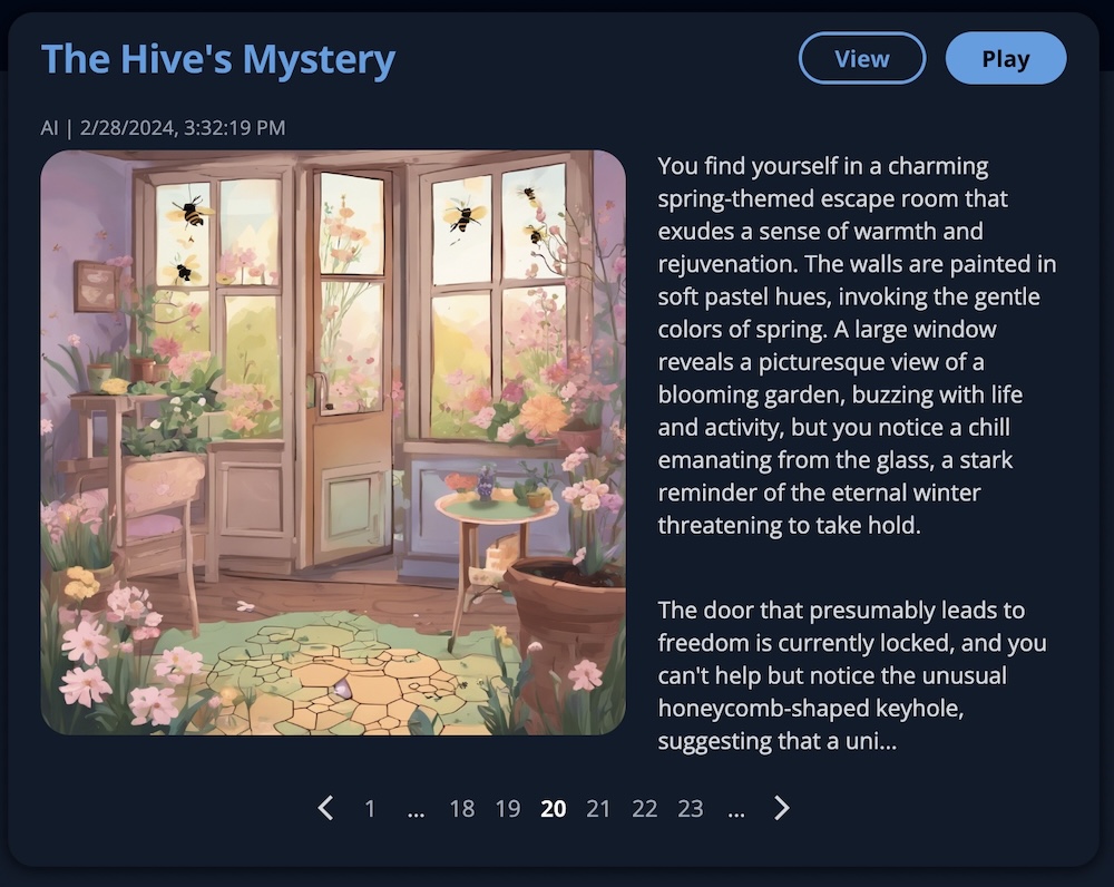 Game description for the Hive's Mystery, along with an image of bees in a room filled with flowers.
