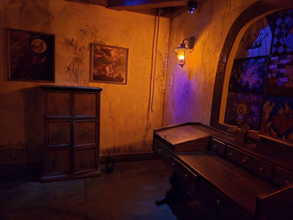A desk in an old church office.