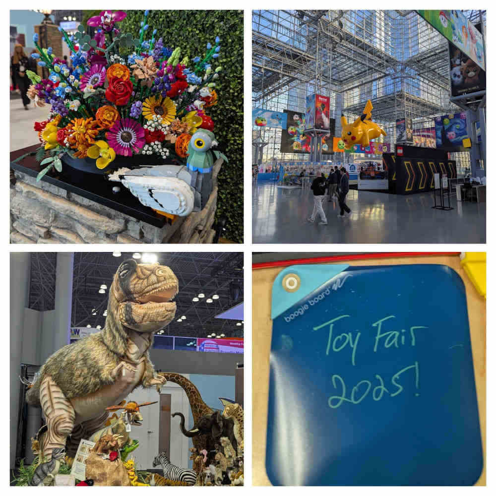 A collage of various scenes from Toy Fair: a lego bouquet and pigeon; a large inflatable Pikachu suspended in a tall windowed atrium, a feathered t-rex, and the new model of Boogie Board.