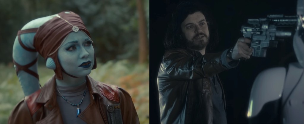 Left: Charlie Bond as a blue skimmed twi'lek, amd James Hamer-Morton as a scoundrel holding up a blaster to a stormtrooper's head. 