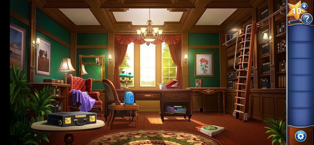 Video game world, a regal study cluttered with objects.