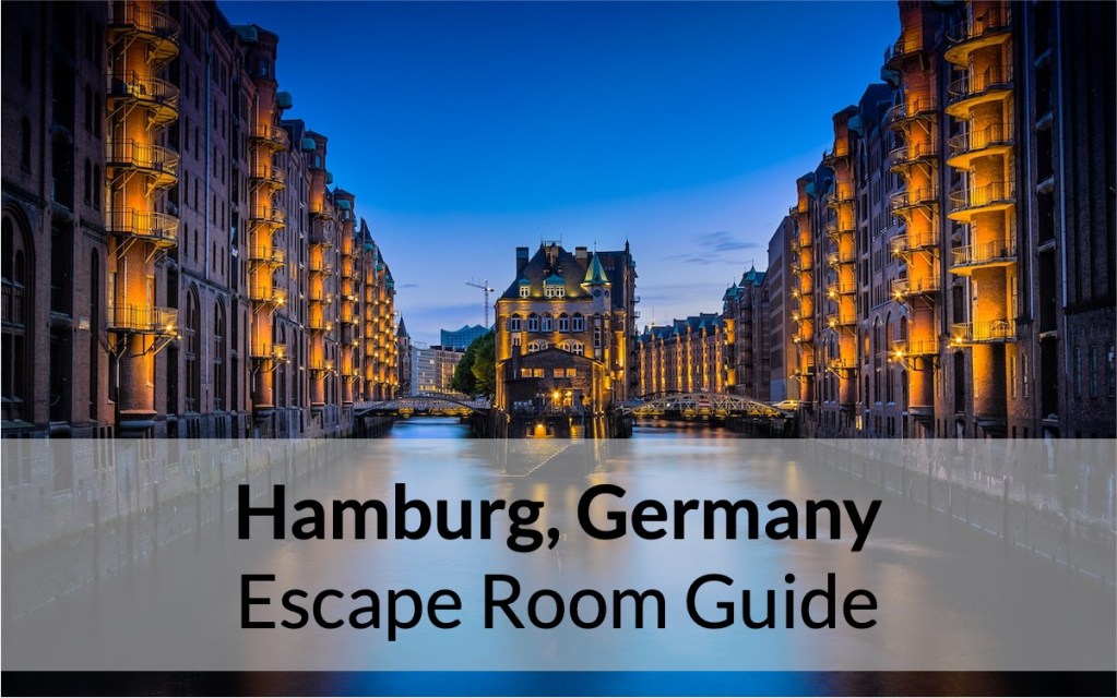Reads: "Hamburg, Germany Escape Room Guide" Depicts a river running between the city, an island in between linked by bridges.