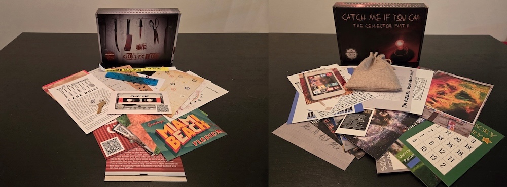 "The Collector" and "Catch Me If You Can" game boxes standing besides their respective puzzle components.