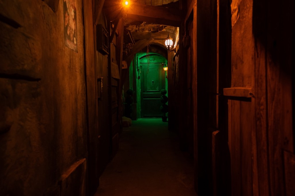 A long, dirty, and dramatically lit hallway. At the end of the hallway is an imposing door lit green.