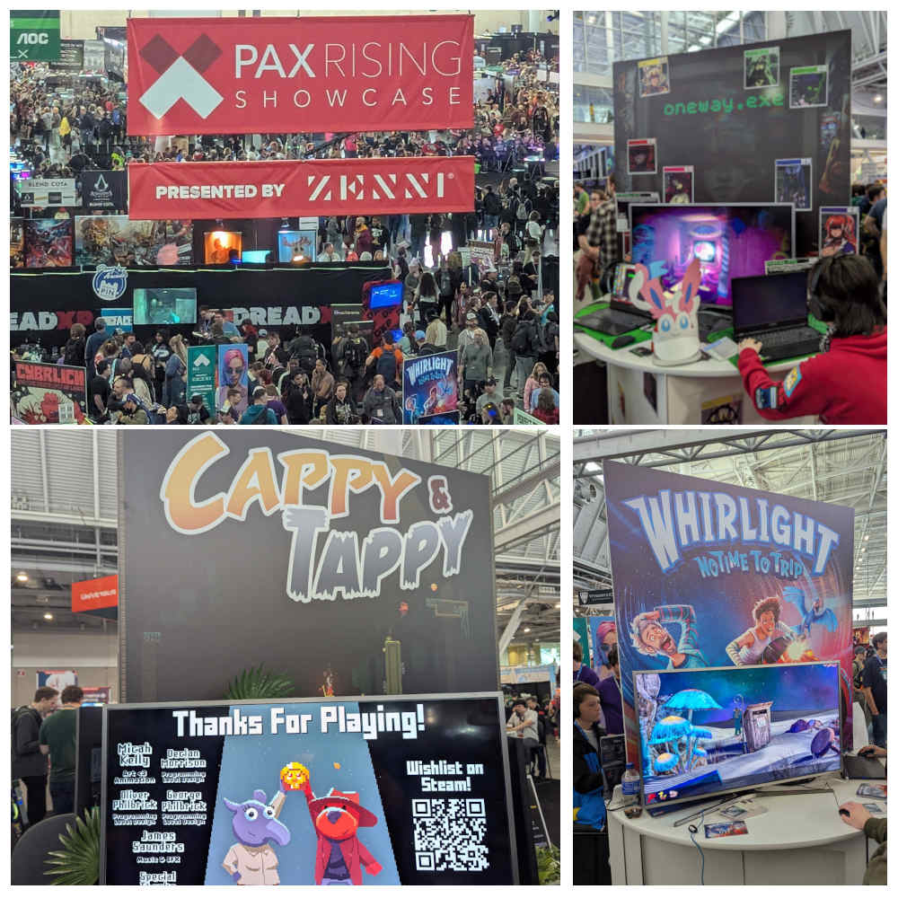 Collage of images highlighting the PAX Rising Showcase. Clockwise from top left is a overhead picture of the banner and demo area; next, someone demoing the game oneway.exe; next, the banner and gameplay of Whirlight; finally, the credits screen of the Cappy and Tappy demo.