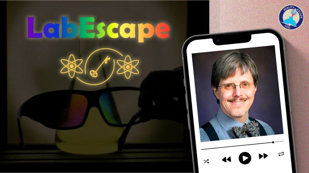 Hero image for REPOD S9E10 with Paul Kwiat. man with glasses, bowtie and suspenders, with a goatee. Image of polarized glasses in front of a flask with liquid in it. The color of the flask looks different when viewed through the glasses