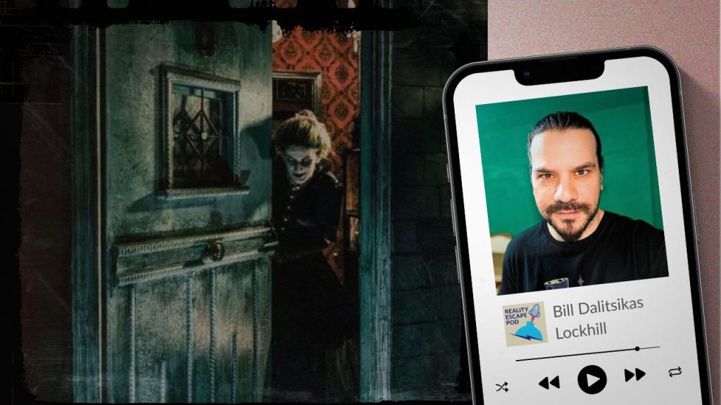 hero image for S9E12 Lockhill with iphone and photo of man with long dark hair pulled back in a ponytail with goatee and wearing a black t-shirt. Background image of creepy lady in victorian dress standing in open doorway. The photo looks old and dark.