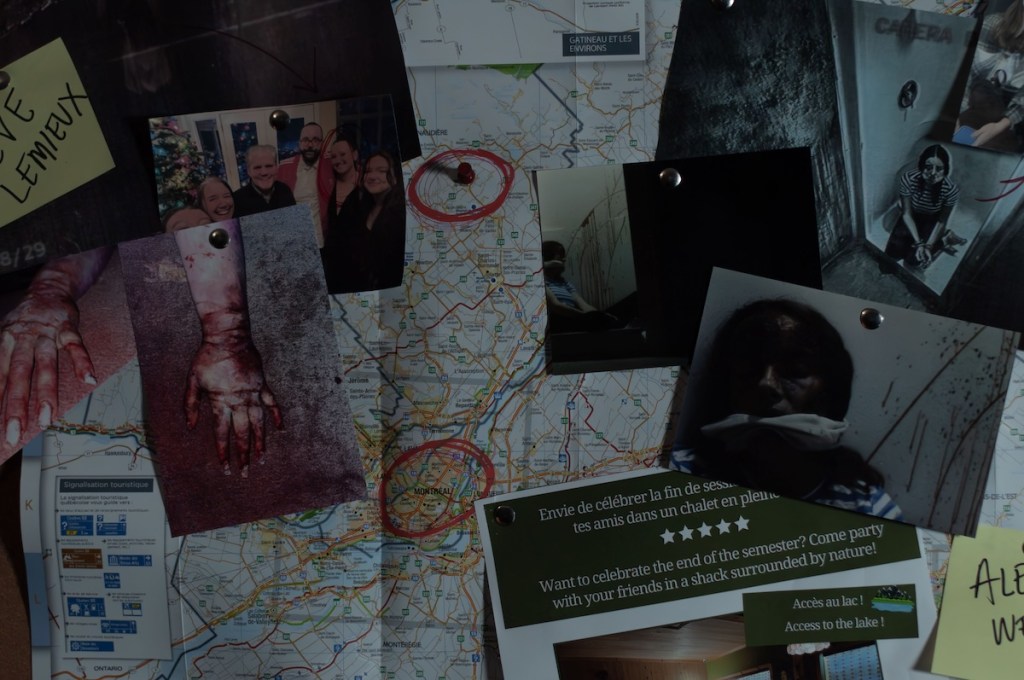 A board filled with evidence including maps with circled locations, photos of bloodied murder victims, and a review of a rental cabin.