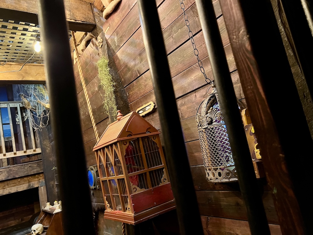 A bird cage viewed through the bars of a pirate ship's brig.